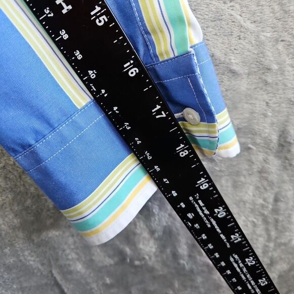 Chaps Women's Sz Med No Iron Blue Stripe Blouse 3/4 sleeve slightly fitted - Picture 5 of 10